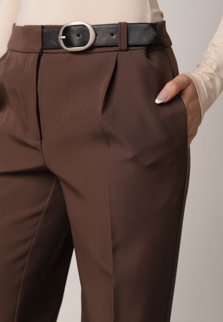 Brązowe Garniturowe Spodnie VICES na Kant z Wszytym Paskiem z Klamrą Azivore 5