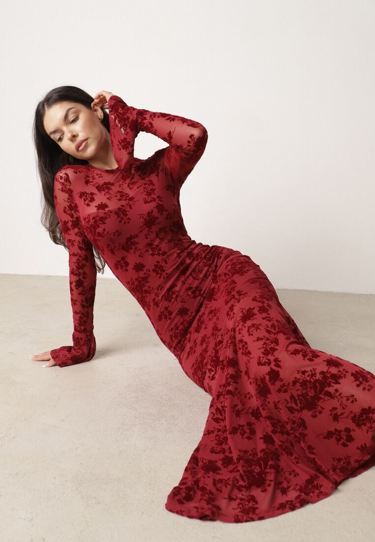 Czerwona Siateczkowa Sukienka Koktajlowa VICES z Welurowym Wzorem w Kwiaty Azimene 2