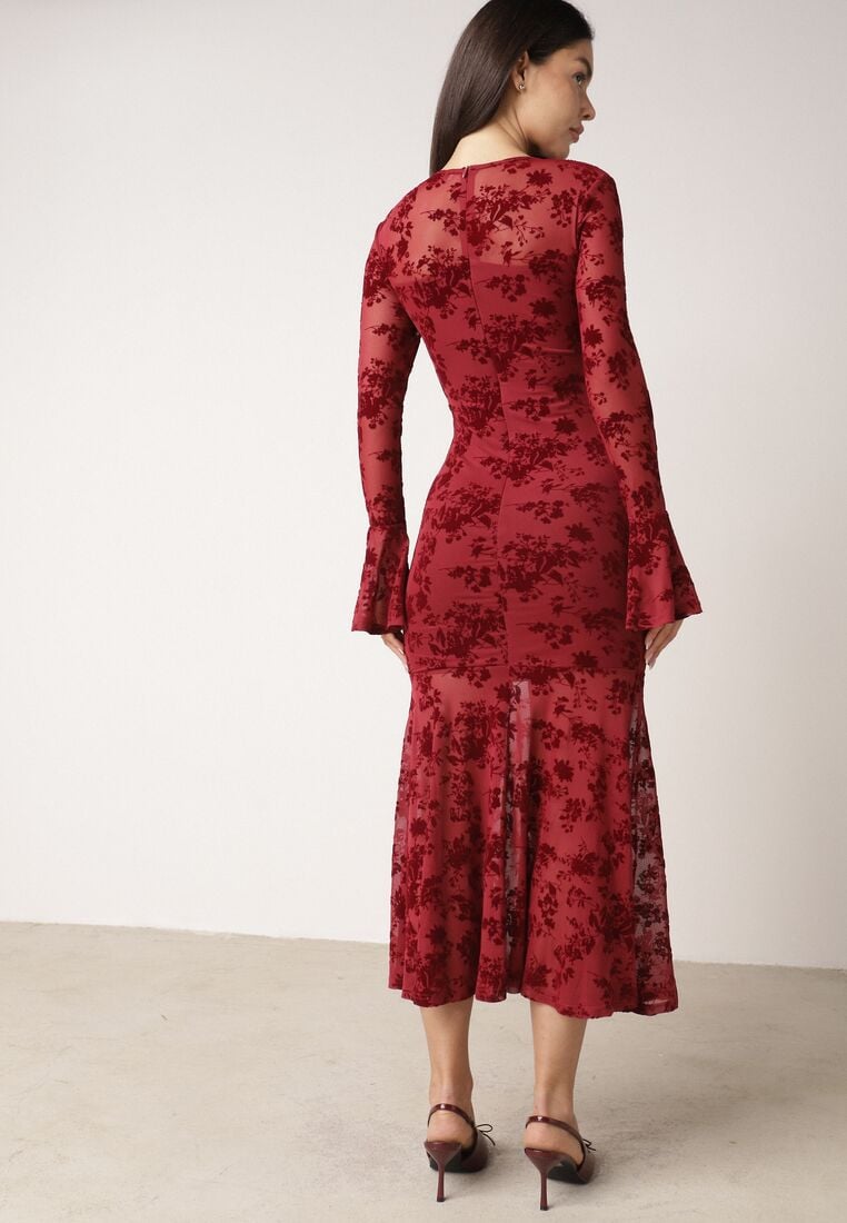 Czerwona Siateczkowa Sukienka Koktajlowa VICES z Welurowym Wzorem w Kwiaty Azimene 3