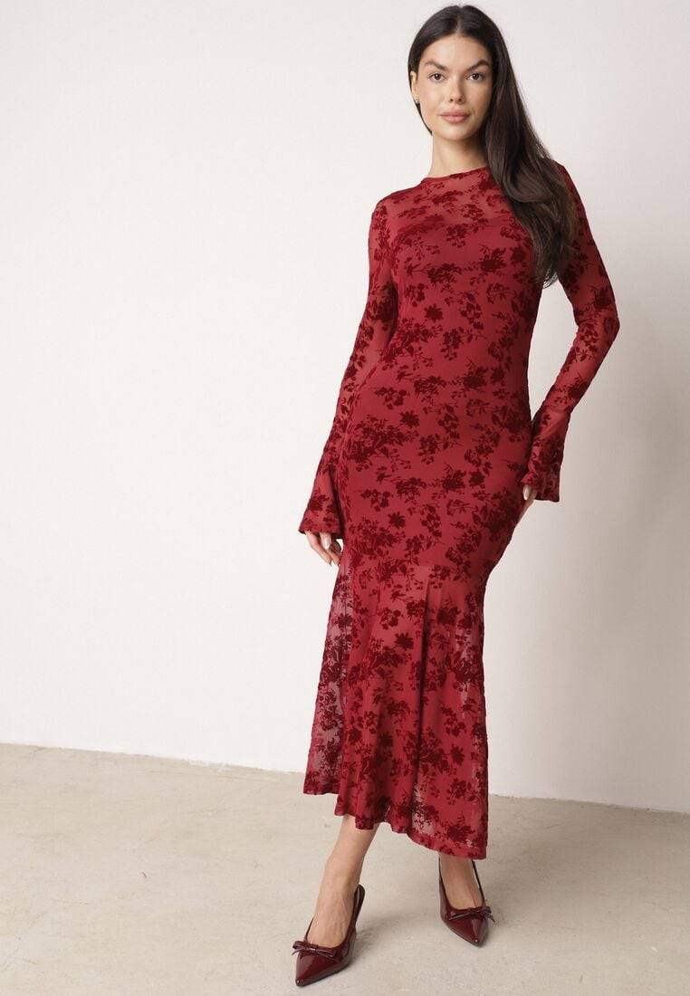 Czerwona Siateczkowa Sukienka Koktajlowa VICES z Welurowym Wzorem w Kwiaty Azimene 4