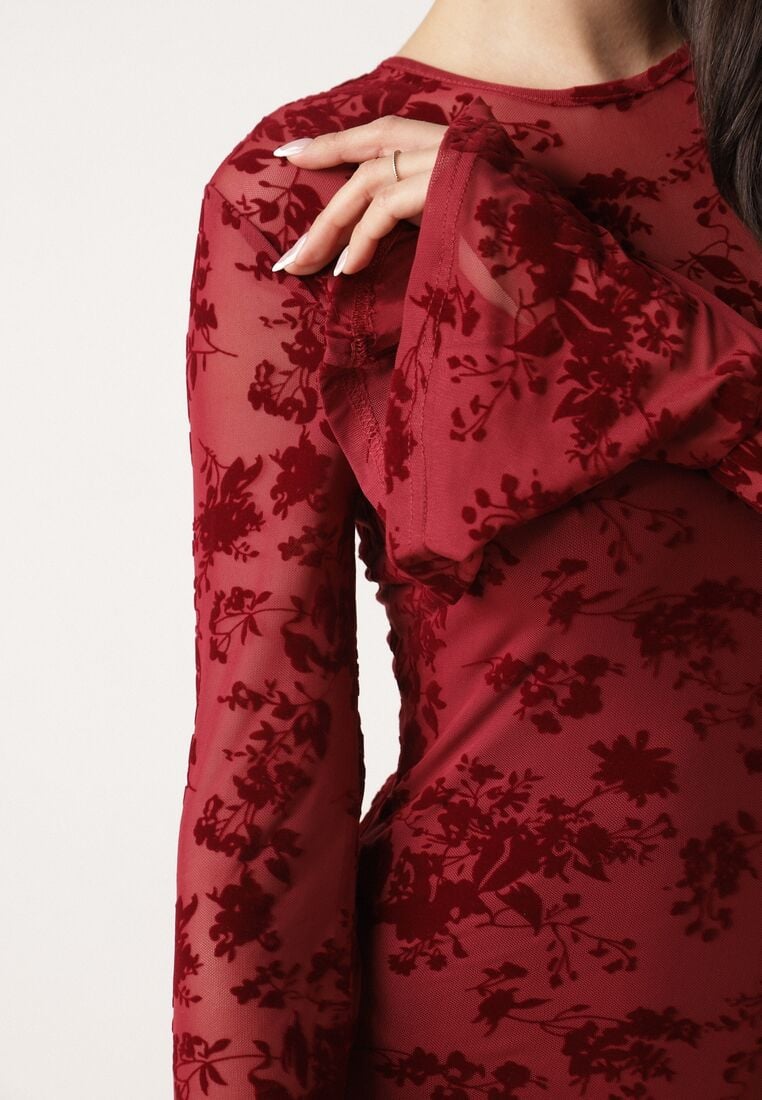 Czerwona Siateczkowa Sukienka Koktajlowa VICES z Welurowym Wzorem w Kwiaty Azimene 5