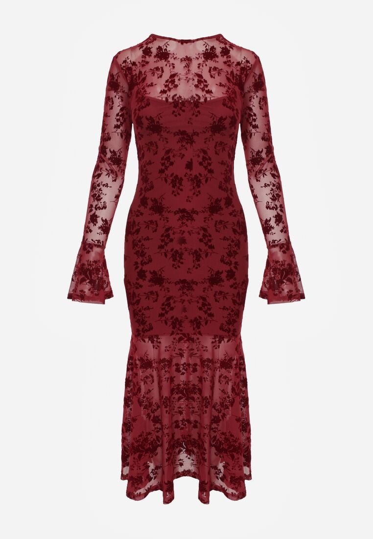 Czerwona Siateczkowa Sukienka Koktajlowa VICES z Welurowym Wzorem w Kwiaty Azimene 6