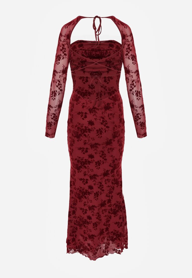 Czerwona Dopasowana Sukienka VICES z Odkrytymi Plecami Ozdobiona Tiulową Koronką Ravita 7