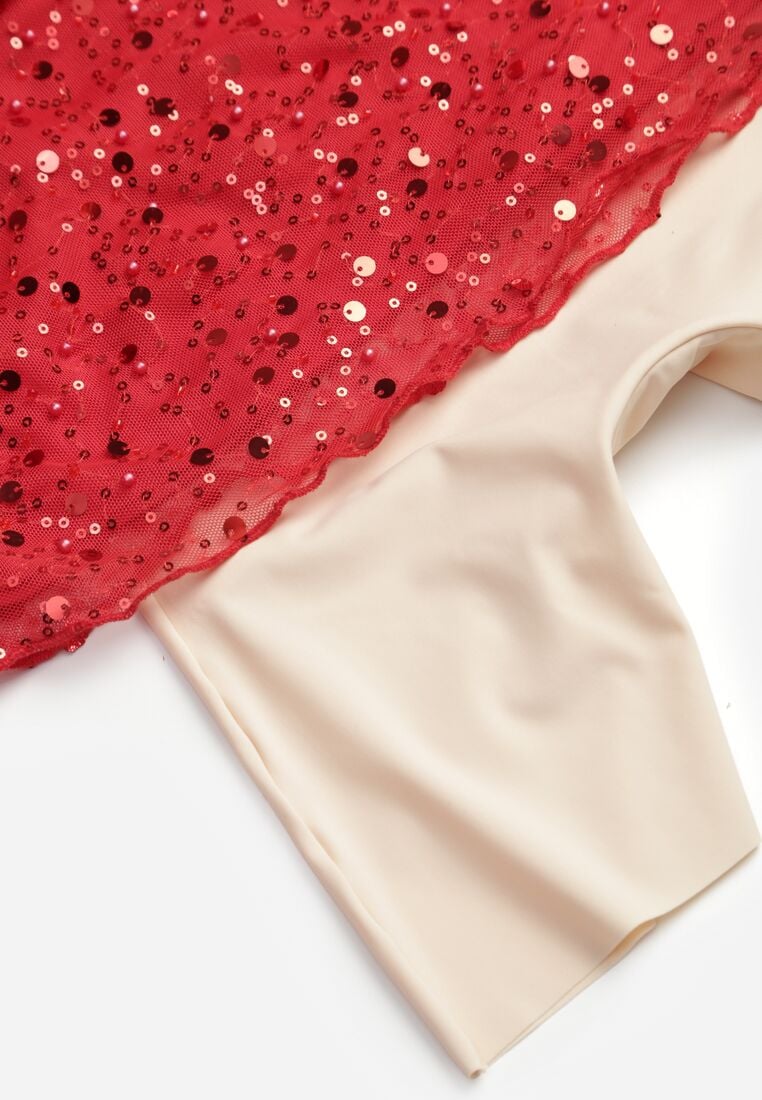 Czerwona Cekinowa Sukienka VICES o Dopasowanym Kroju z Wiązaniem Adrasalphia 8