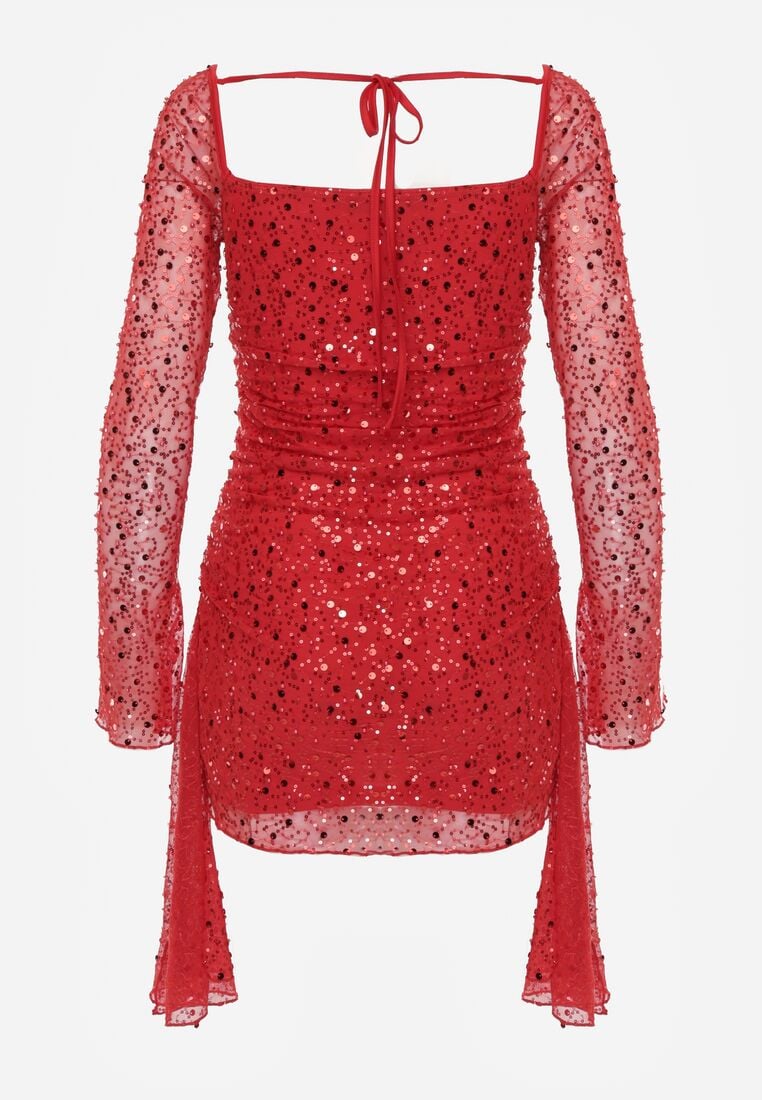 Czerwona Cekinowa Sukienka VICES o Dopasowanym Kroju z Wiązaniem Adrasalphia 7