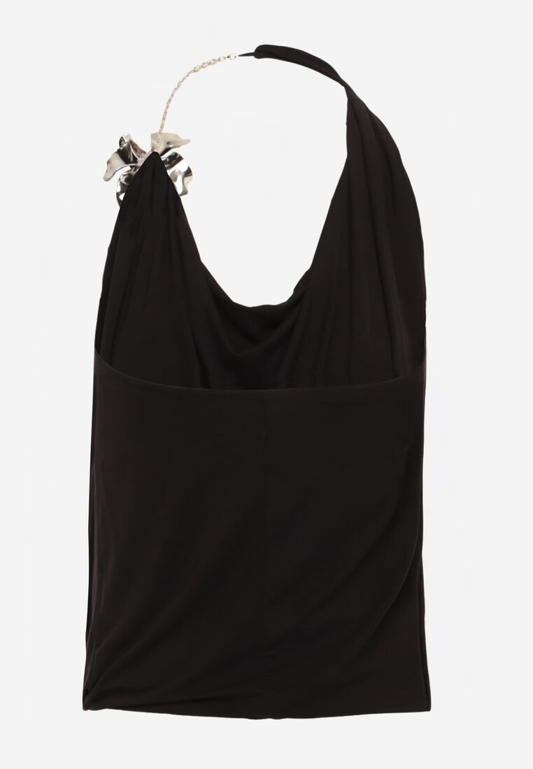 Czarny Elegancki Top Halter Ozdobiony Łańcuszkiem i Kwiatową Broszką Idisara 7