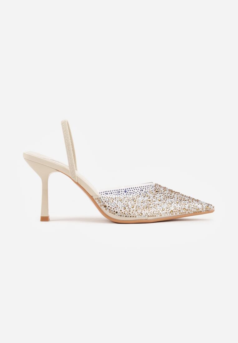 Beżowe Transparentne Szpilki z Odkrytą Piętą i Cyrkoniami na Nosku Ilunatia 4