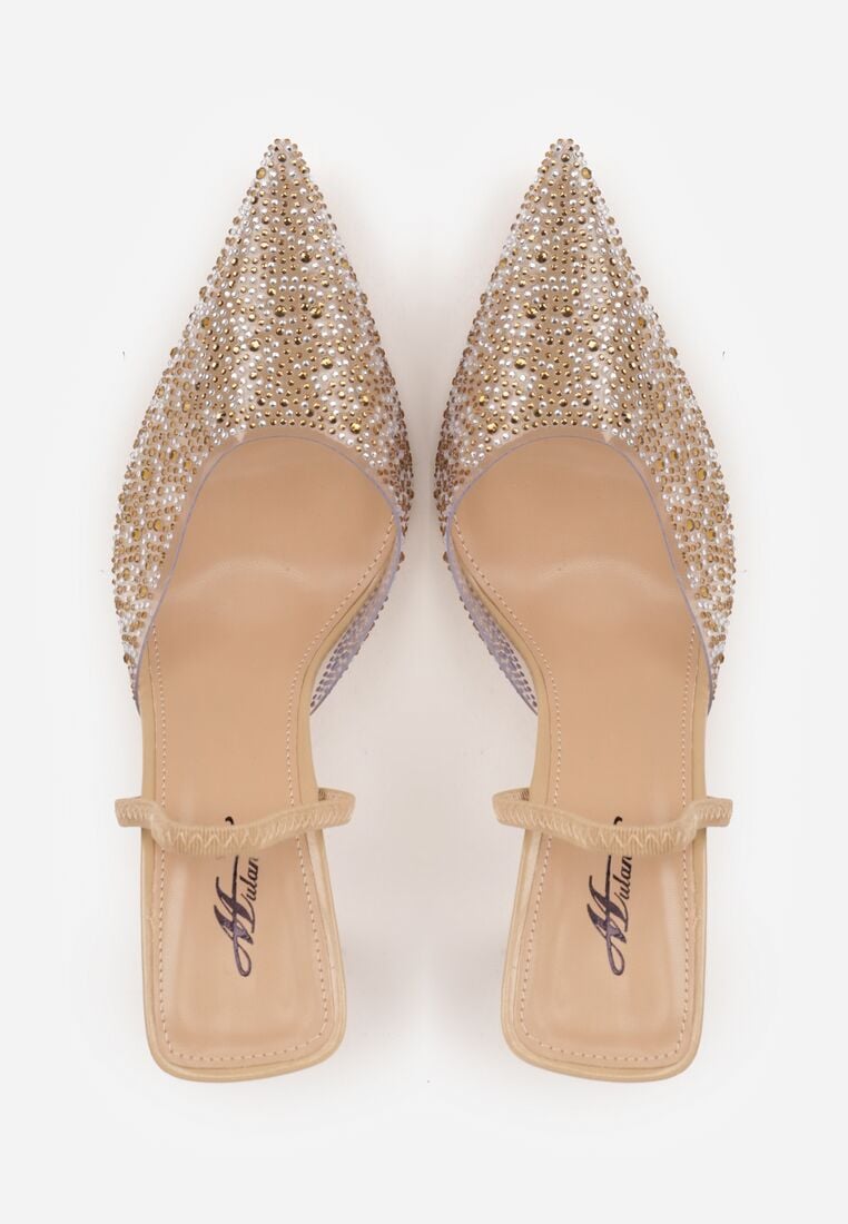 Ciemnobeżowe Transparentne Szpilki z Odkrytą Piętą i Cyrkoniami na Nosku Ilunatia 6