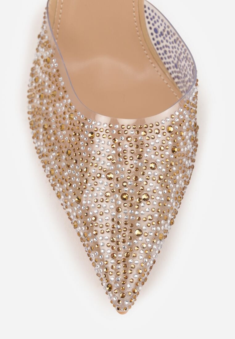 Ciemnobeżowe Transparentne Szpilki z Odkrytą Piętą i Cyrkoniami na Nosku Ilunatia 9