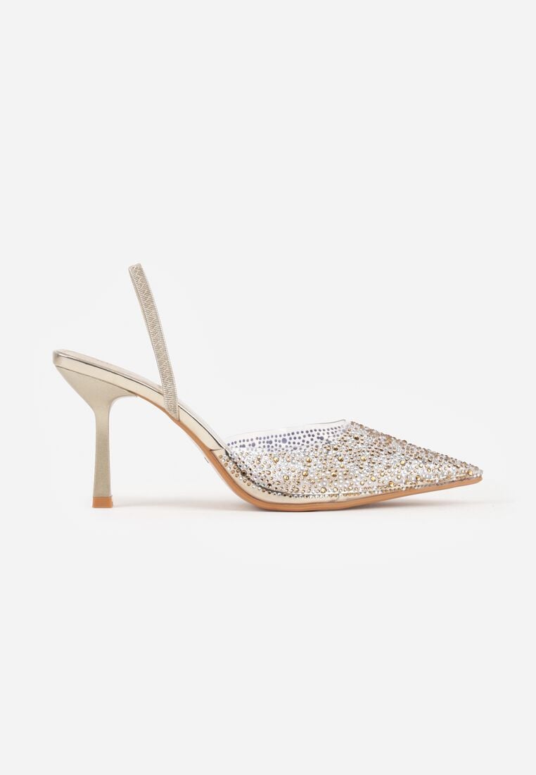 Złote Transparentne Szpilki z Odkrytą Piętą i Cyrkoniami na Nosku Ilunatia 4