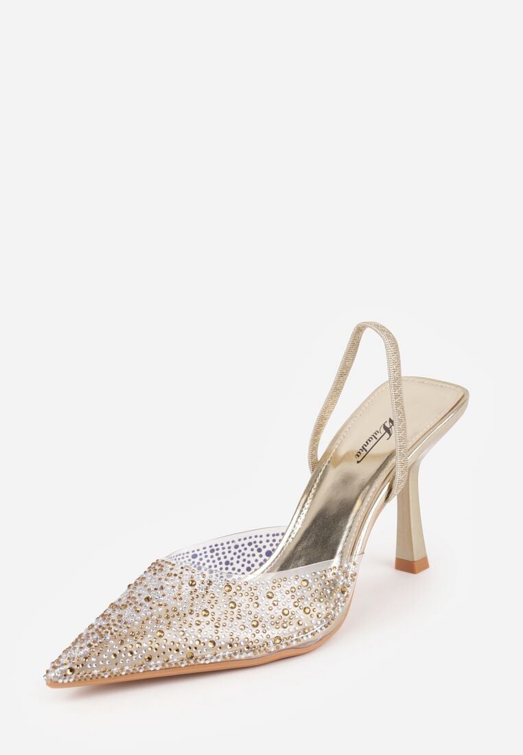 Złote Transparentne Szpilki z Odkrytą Piętą i Cyrkoniami na Nosku Ilunatia 5