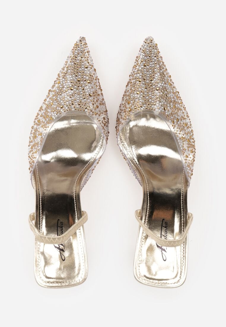 Złote Transparentne Szpilki z Odkrytą Piętą i Cyrkoniami na Nosku Ilunatia 6