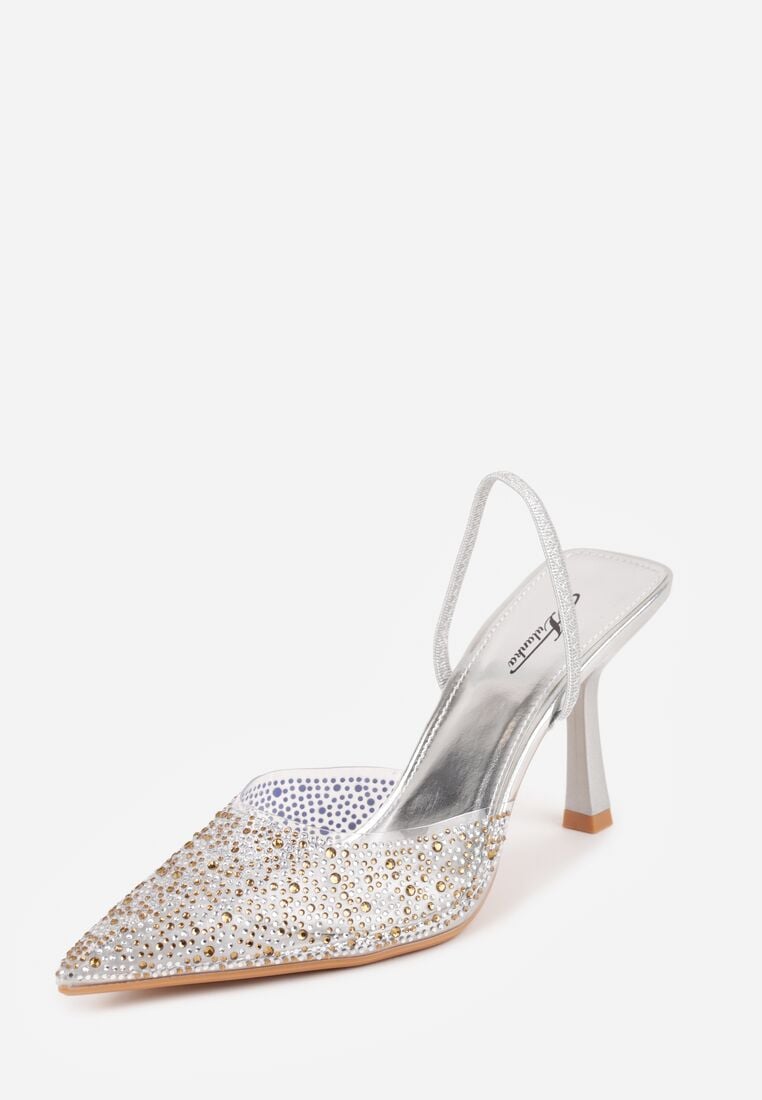 Srebrne Transparentne Szpilki z Odkrytą Piętą i Cyrkoniami na Nosku Ilunatia 5