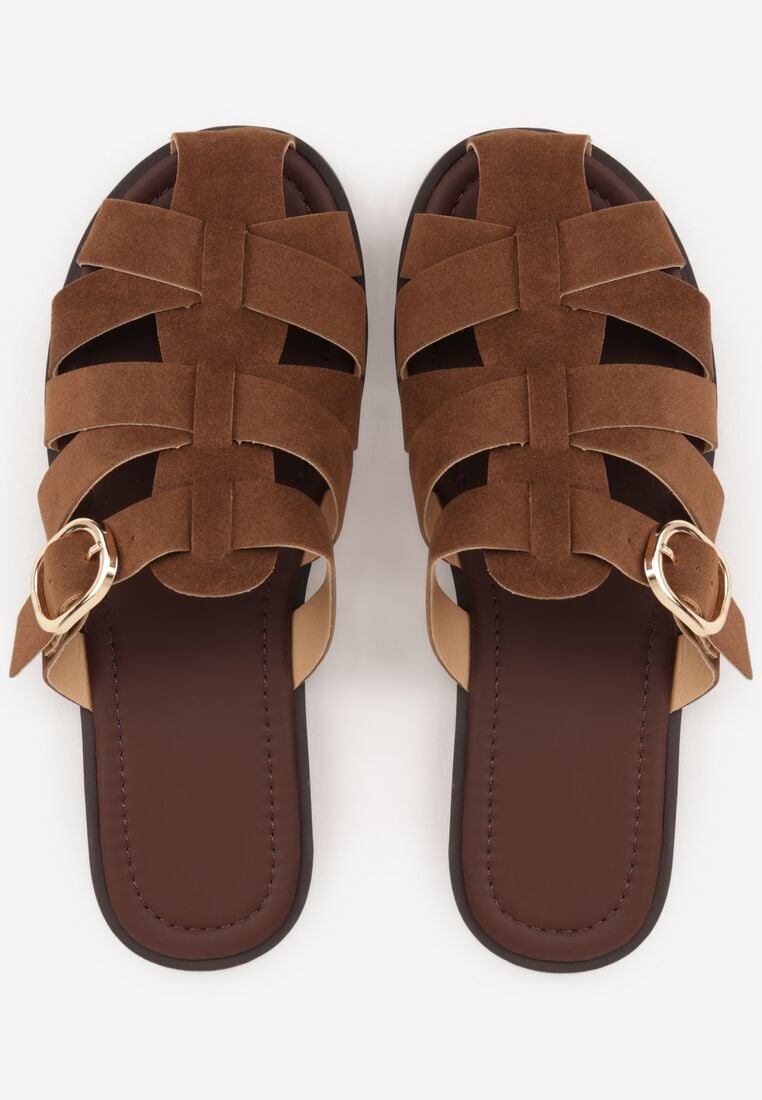 Brązowe Klapki z Paskami w Stylu Gladiatorek z Klamerką Lorianatea 6
