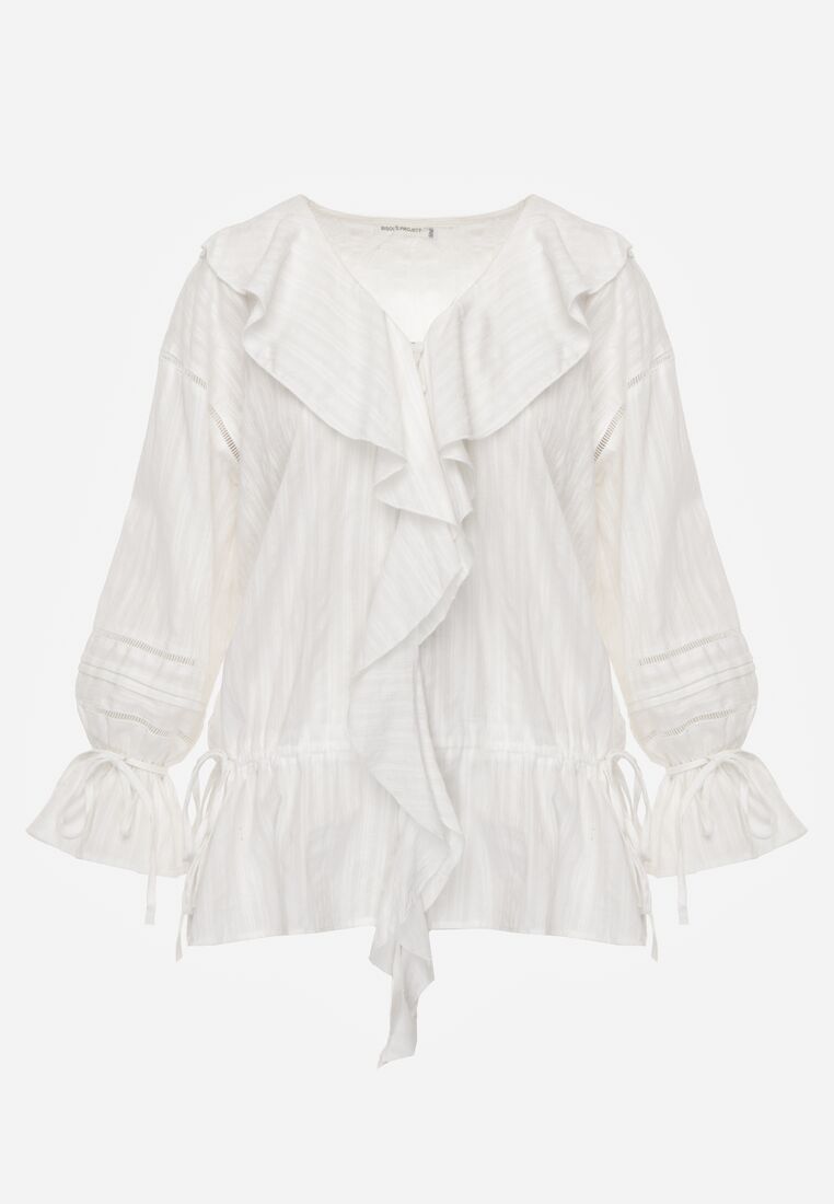 Biała Bawełniana Bluzka w Romantycznym Stylu z Falbankami i Wiązaniem Cezarina 6