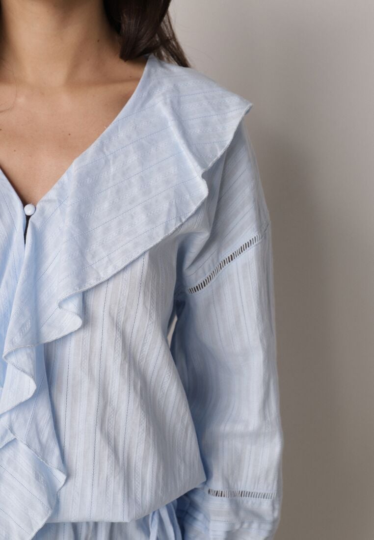 Niebieska Bawełniana Bluzka w Romantycznym Stylu z Falbankami i Wiązaniem Cezarina 5