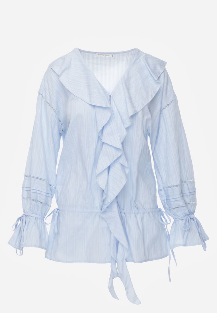 Niebieska Bawełniana Bluzka w Romantycznym Stylu z Falbankami i Wiązaniem Cezarina 6