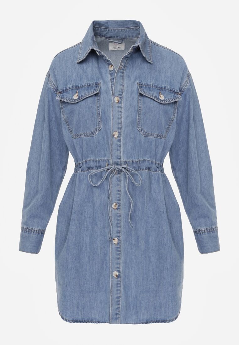 Niebieska Koszulowa Sukienka Jeansowa z Marszczeniem i Guzikami Dorinatta 6