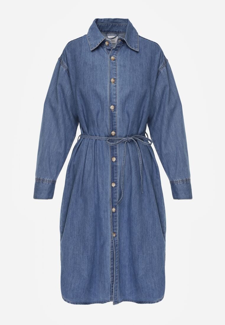 Niebieska Koszulowa Sukienka Jeansowa z Bawełną Ozdobiona Paskiem Carenatesa 6