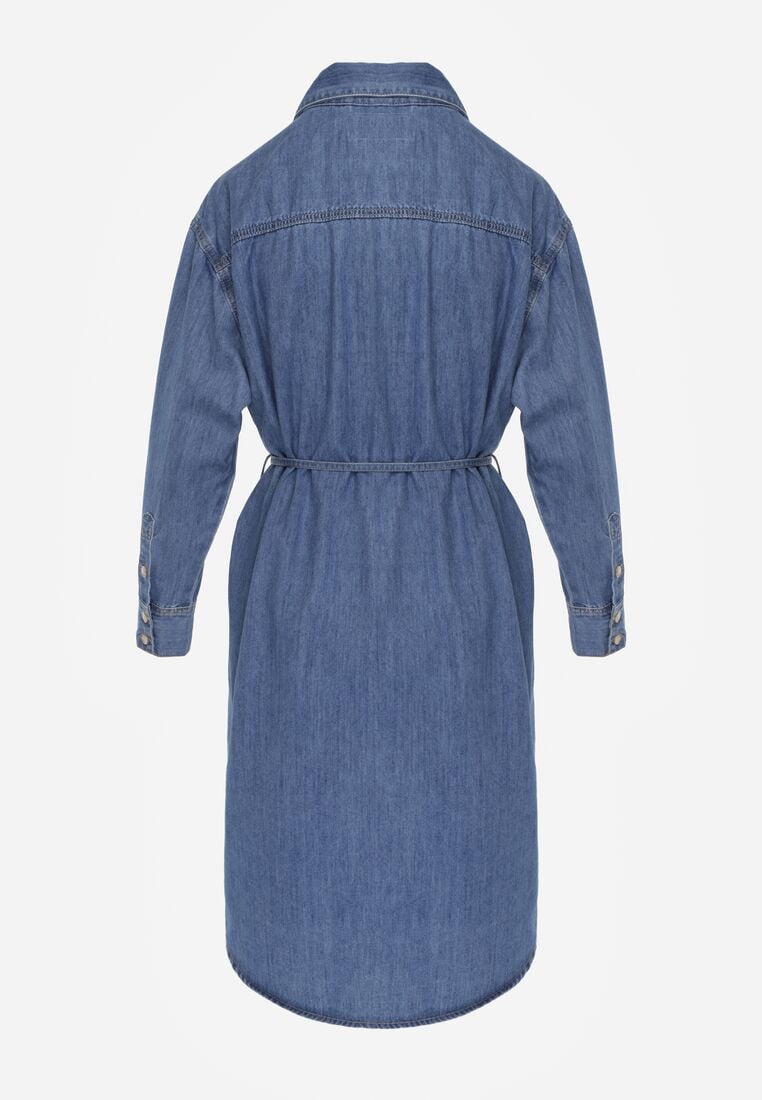 Niebieska Koszulowa Sukienka Jeansowa z Bawełną Ozdobiona Paskiem Carenatesa 7