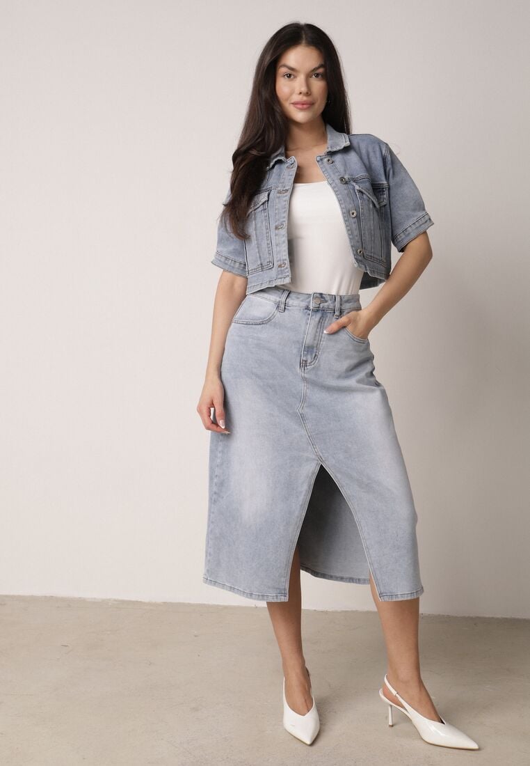 Niebieska Jeansowa Spódnica z Bawełną Wysokim Stanem i Rozcięciem z Przodu Cannate 1