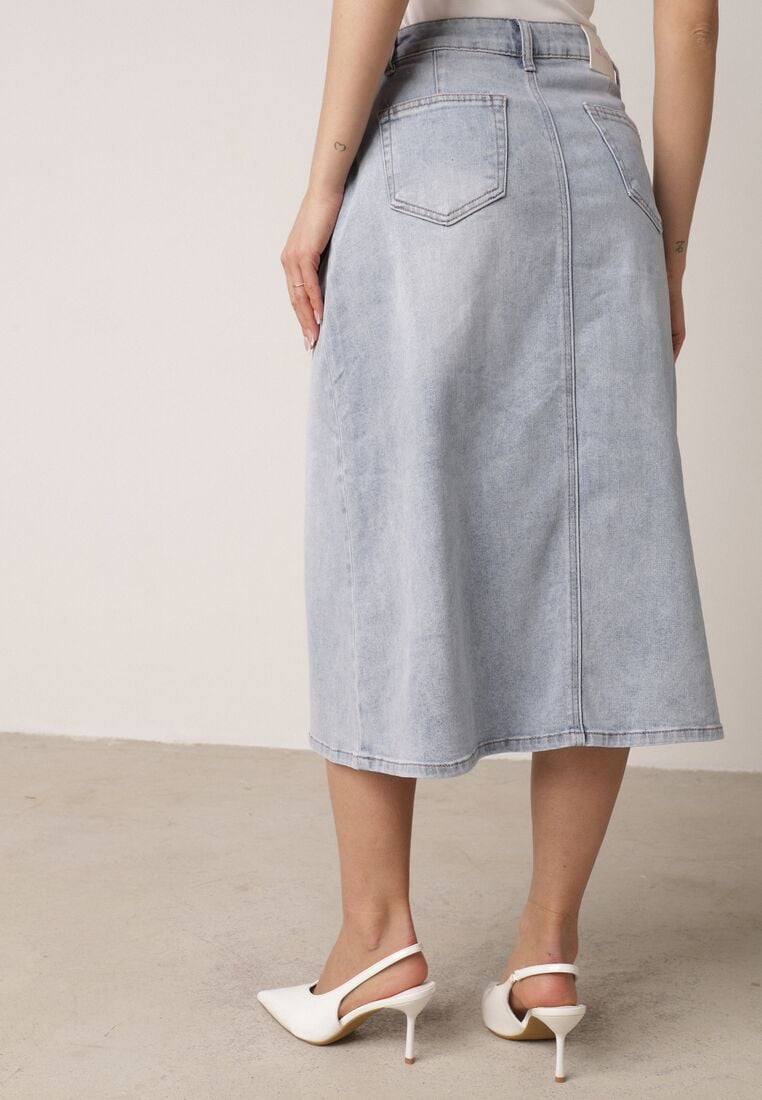 Niebieska Jeansowa Spódnica z Bawełną Wysokim Stanem i Rozcięciem z Przodu Cannate 3