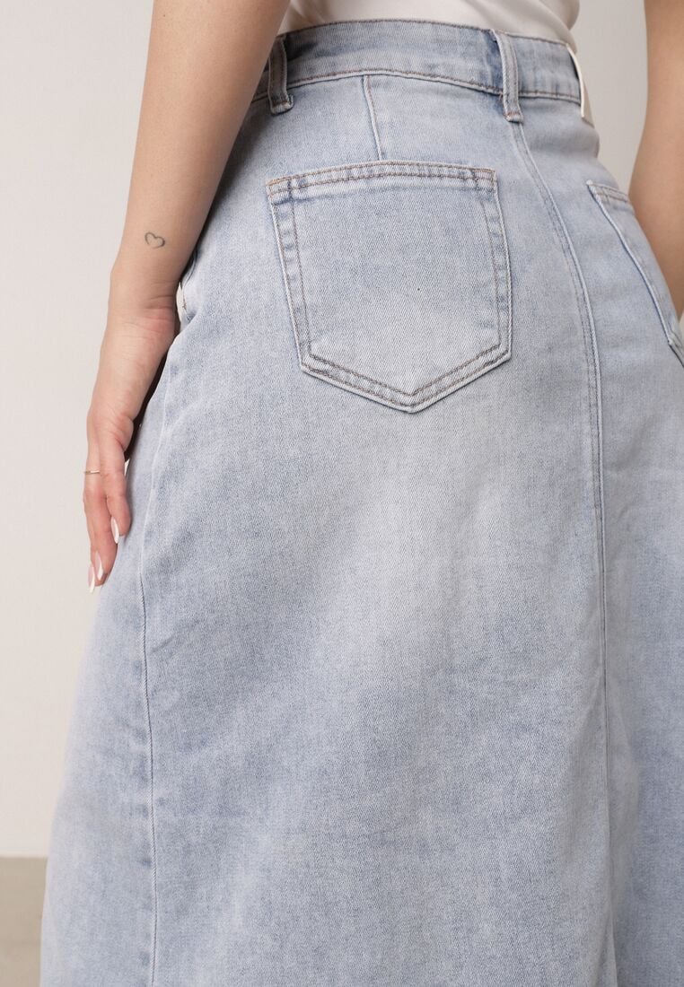 Niebieska Jeansowa Spódnica z Bawełną Wysokim Stanem i Rozcięciem z Przodu Cannate 5