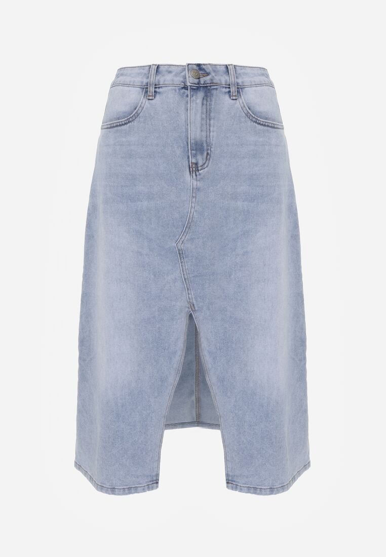 Niebieska Jeansowa Spódnica z Bawełną Wysokim Stanem i Rozcięciem z Przodu Cannate 6