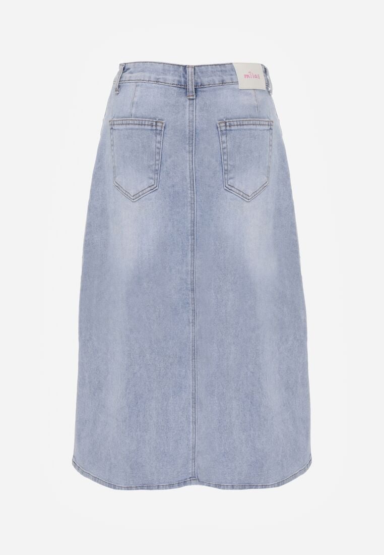 Niebieska Jeansowa Spódnica z Bawełną Wysokim Stanem i Rozcięciem z Przodu Cannate 7