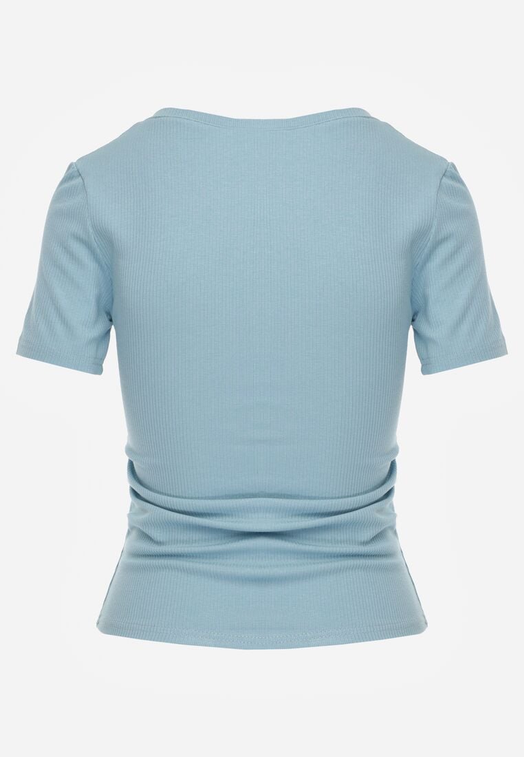Jasnoniebieski Prążkowany T-shirt Ozdobiony po Bokach Marszczeniem Nedisa 7