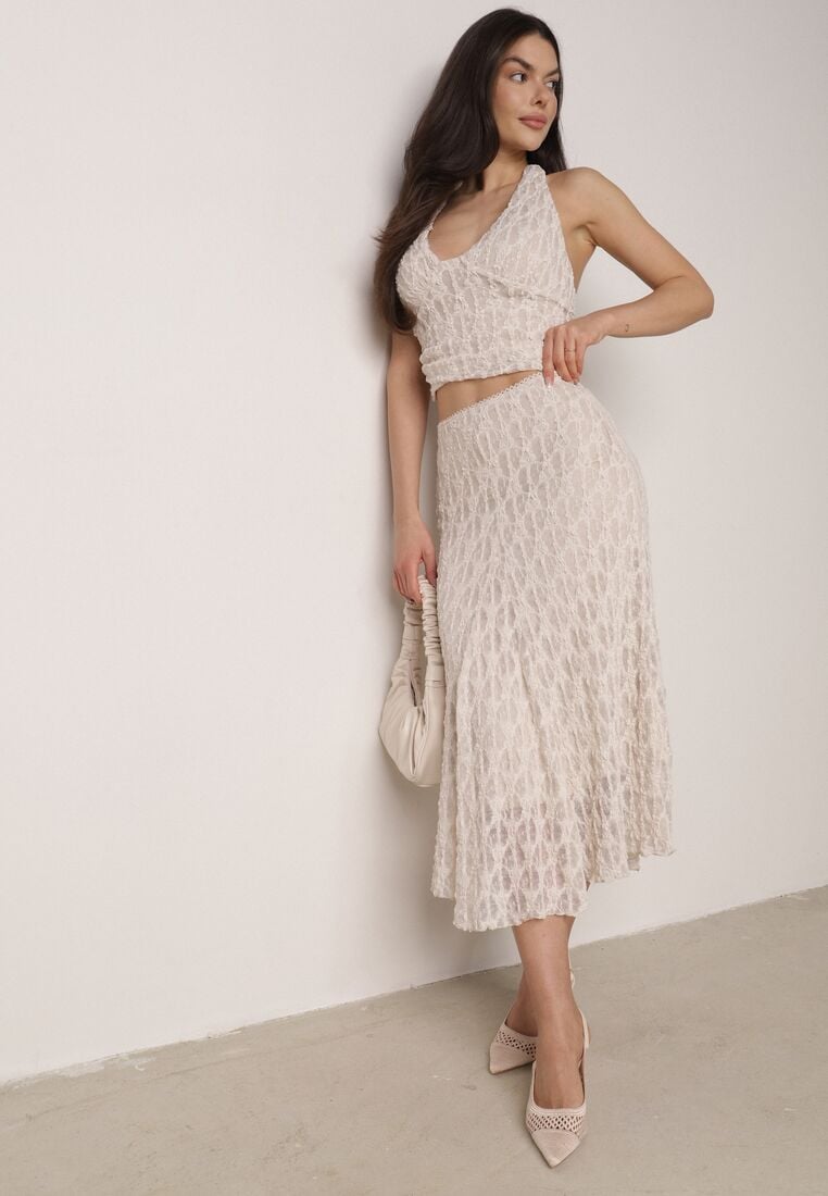Beżowy Koronkowy Komplet Top Wiązany na Szyi i Spódnica Corinatea 1