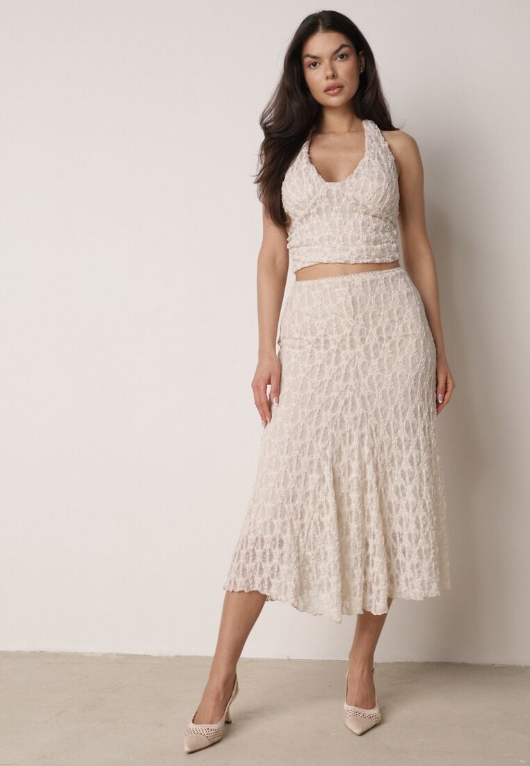 Beżowy Koronkowy Komplet Top Wiązany na Szyi i Spódnica Corinatea 2