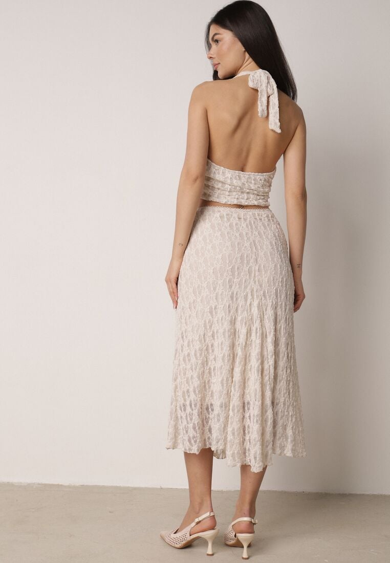 Beżowy Koronkowy Komplet Top Wiązany na Szyi i Spódnica Corinatea 3