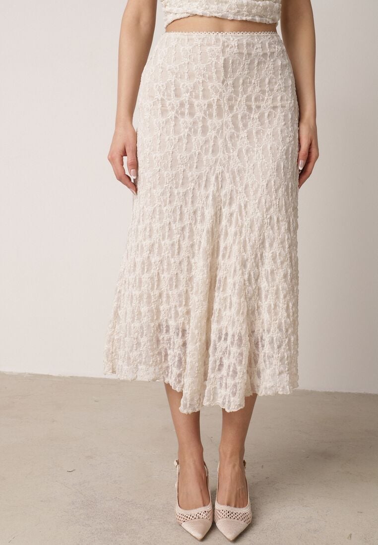 Beżowy Koronkowy Komplet Top Wiązany na Szyi i Spódnica Corinatea 4