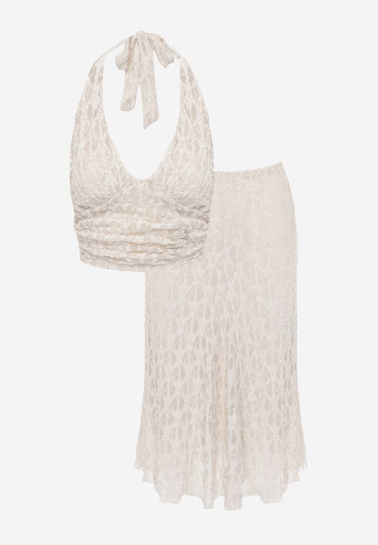 Beżowy Koronkowy Komplet Top Wiązany na Szyi i Spódnica Corinatea 6