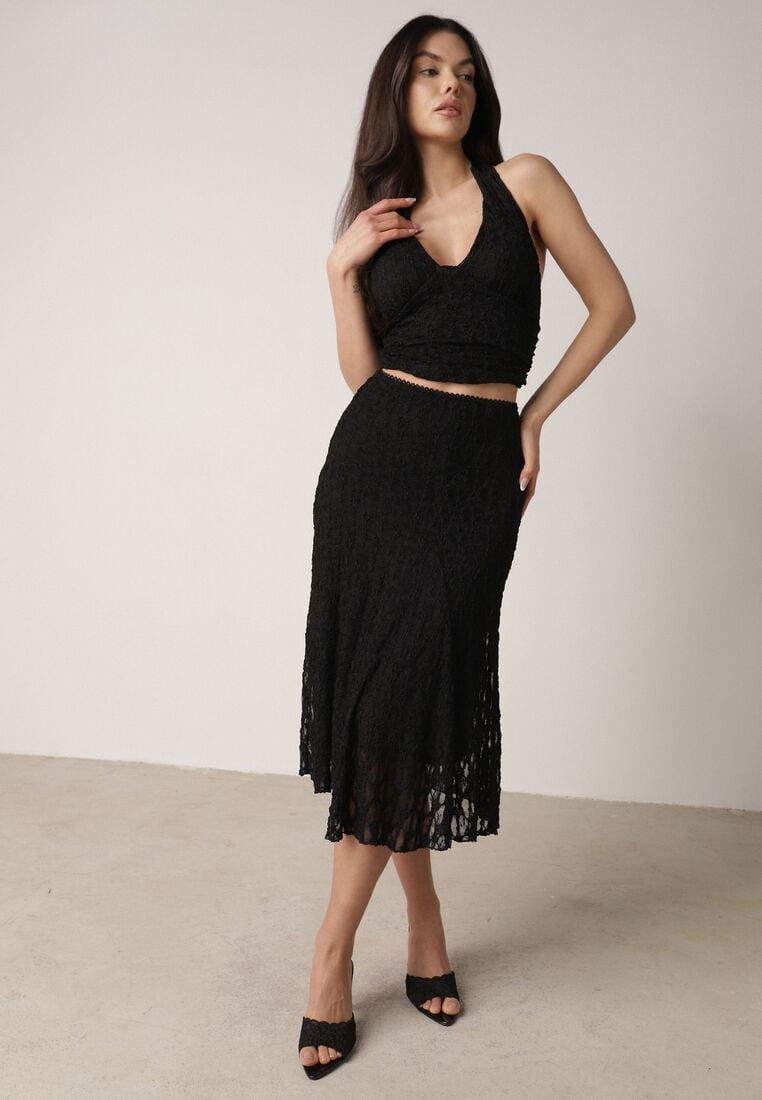 Czarny Koronkowy Komplet Top Wiązany na Szyi i Spódnica Corinatea 1