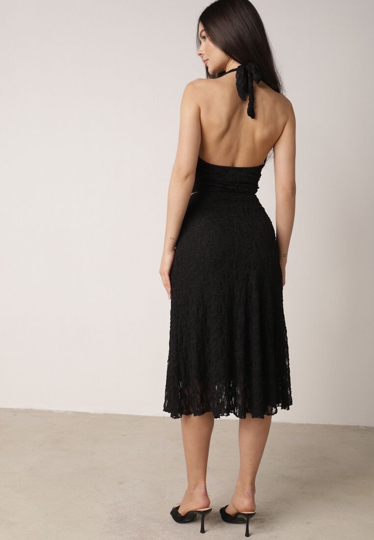 Czarny Koronkowy Komplet Top Wiązany na Szyi i Spódnica Corinatea 3