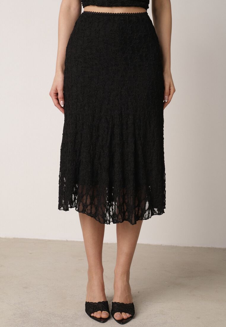 Czarny Koronkowy Komplet Top Wiązany na Szyi i Spódnica Corinatea 4