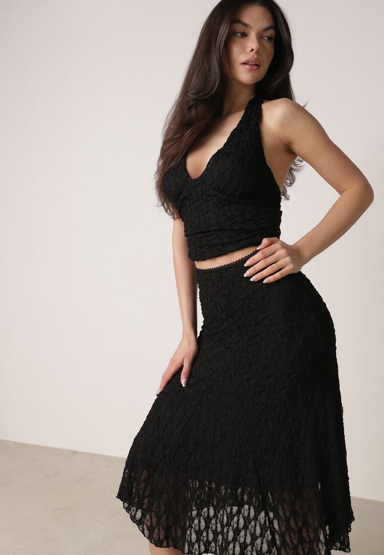 Czarny Koronkowy Komplet Top Wiązany na Szyi i Spódnica Corinatea 5