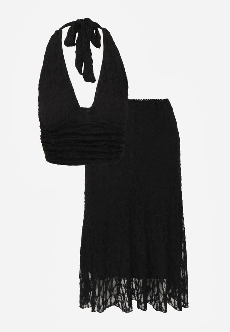 Czarny Koronkowy Komplet Top Wiązany na Szyi i Spódnica Corinatea 6