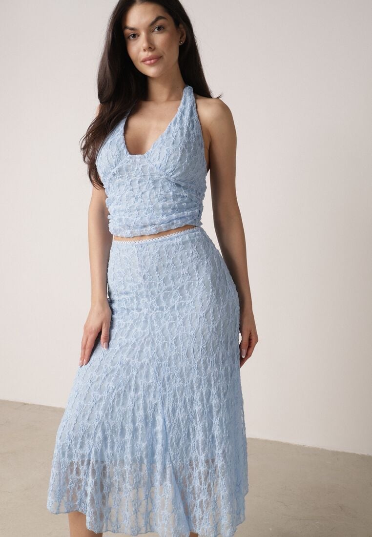 Niebieski Koronkowy Komplet Top Wiązany na Szyi i Spódnica Corinatea 5
