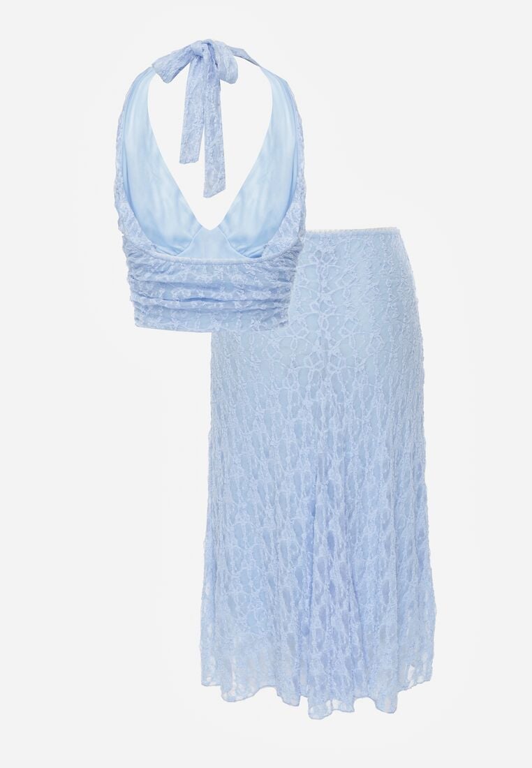 Niebieski Koronkowy Komplet Top Wiązany na Szyi i Spódnica Corinatea 7