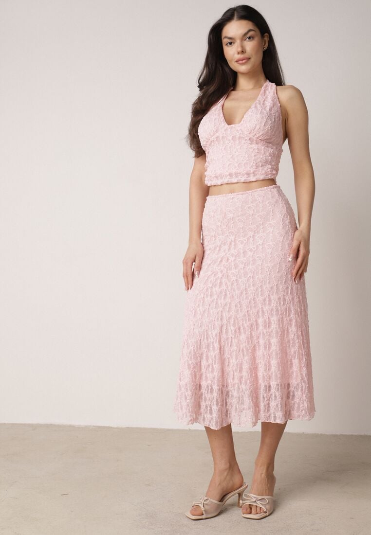 Różowy Koronkowy Komplet Top Wiązany na Szyi i Spódnica Corinatea 2