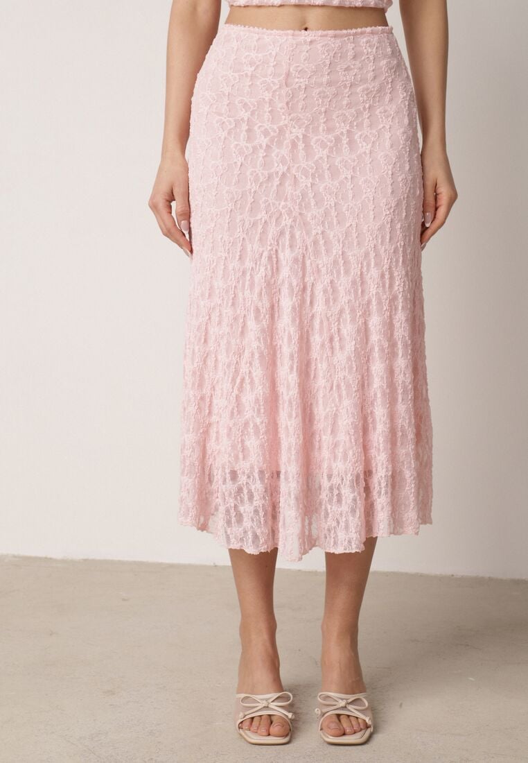 Różowy Koronkowy Komplet Top Wiązany na Szyi i Spódnica Corinatea 5