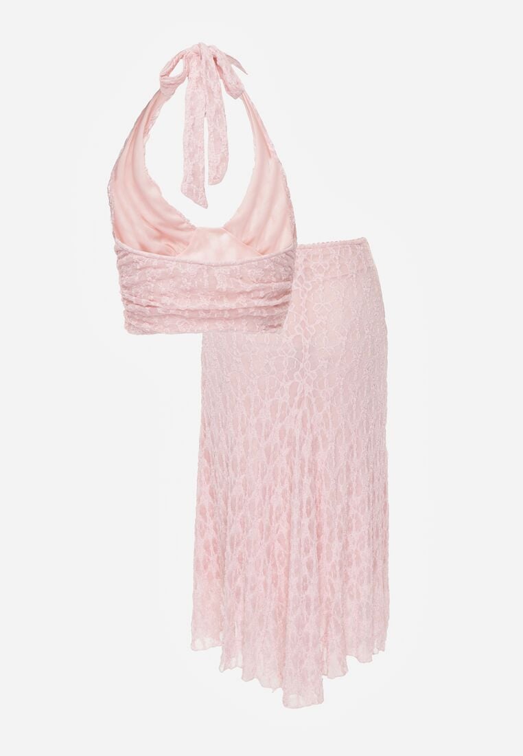 Różowy Koronkowy Komplet Top Wiązany na Szyi i Spódnica Corinatea 7