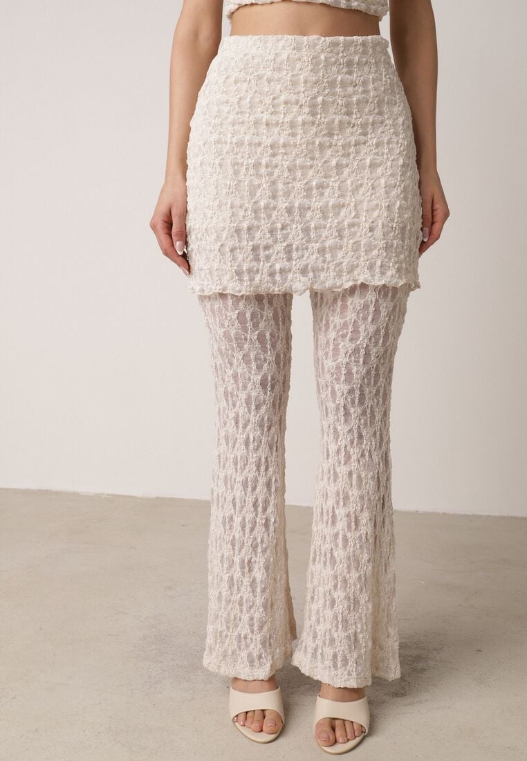 Beżowy Koronkowy Komplet Top z Odkrytymi Plecami i Spodnie z Imitacją Spódnicy Romine 4
