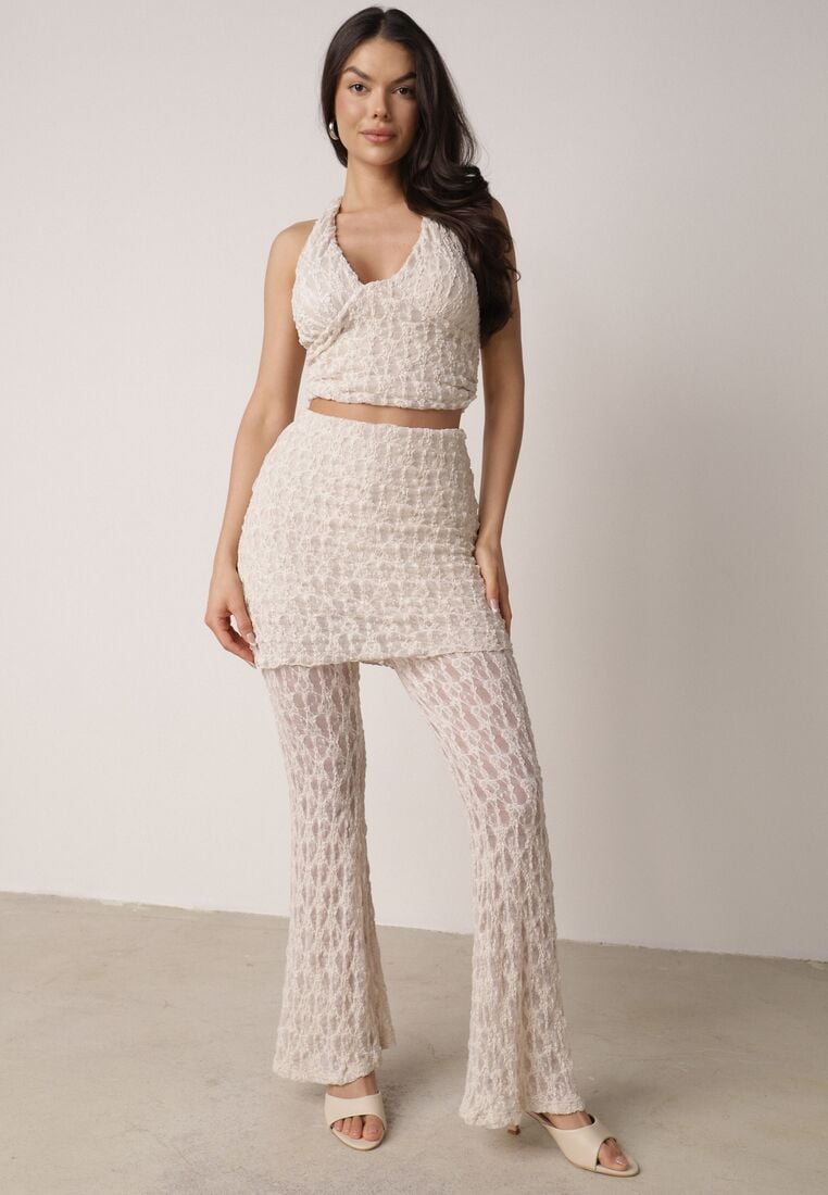 Beżowy Koronkowy Komplet Top z Odkrytymi Plecami i Spodnie z Imitacją Spódnicy Romine 5