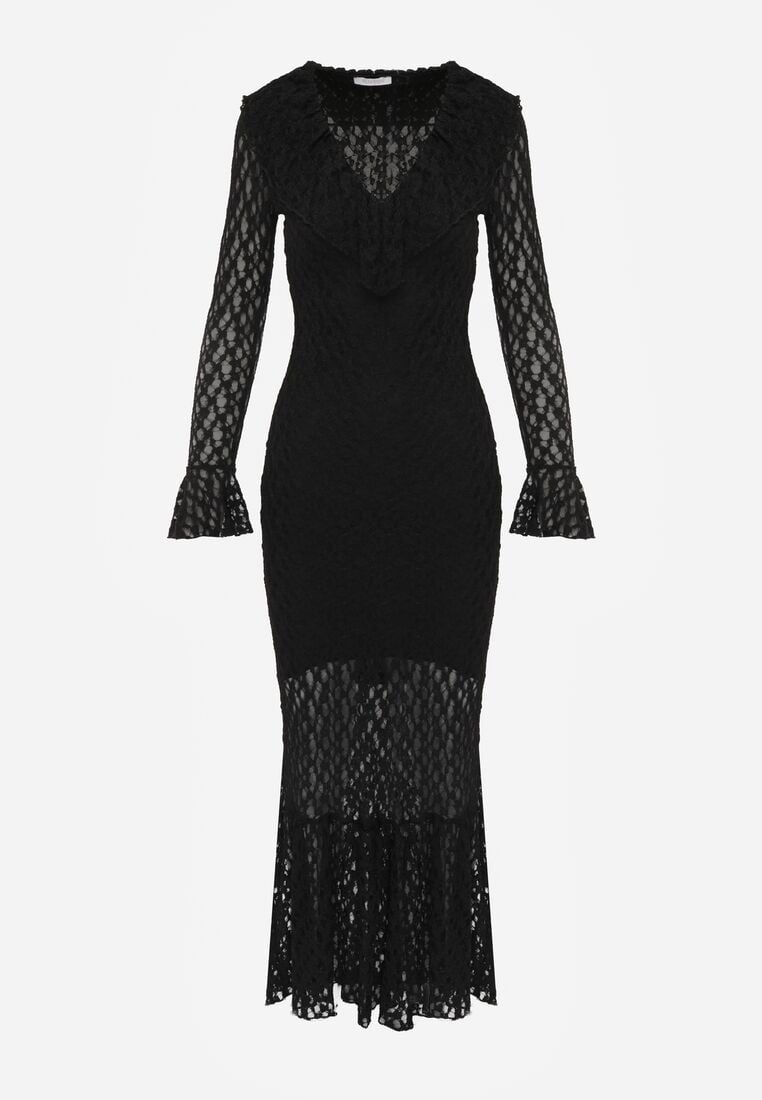 Czarna Koktajlowa Sukienka Koronkowa z Dekoltem V i Falbanami Frevina 6
