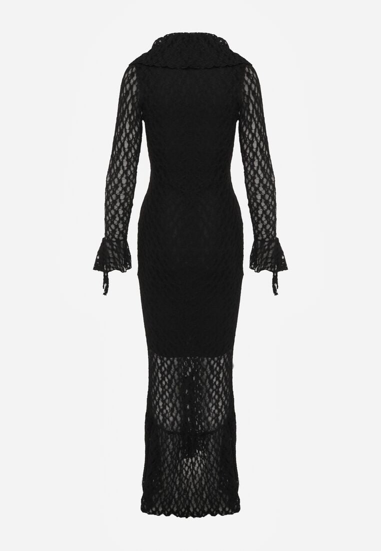 Czarna Koktajlowa Sukienka Koronkowa z Dekoltem V i Falbanami Frevina 7