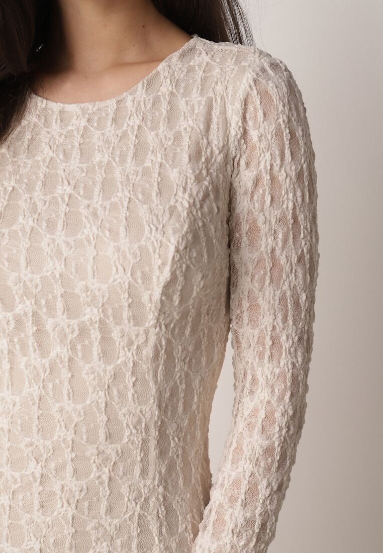 Beżowa Sukienka Koronkowa z Rozkloszowanymi Rękawami Cinatea 5